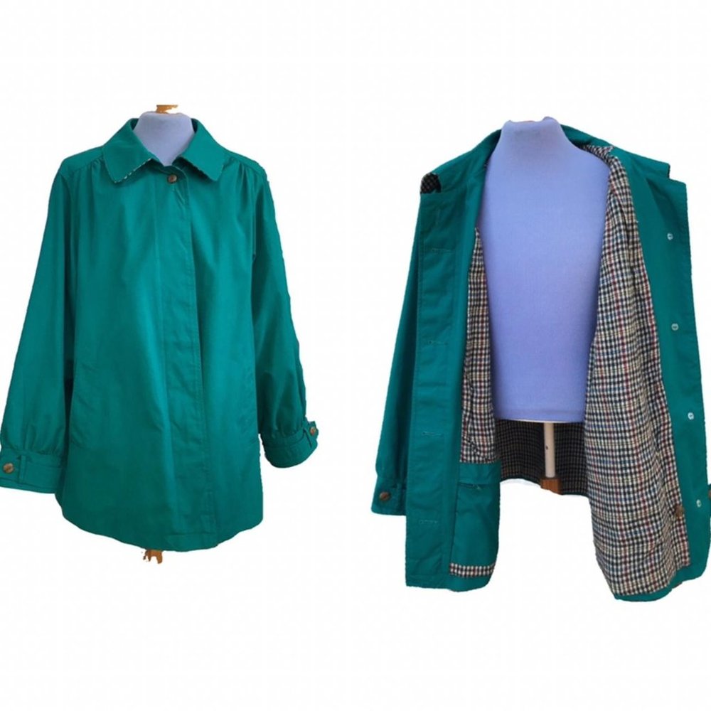 Outlooks Teal Green Trapeze Jacket Swing Coat Button-Up Vintage 90s Plaid Lining